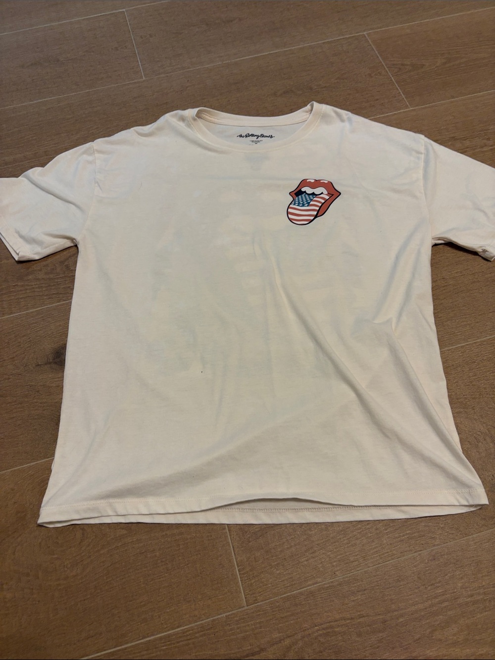 the Rolling Stones Cream Tee with Red Lips and Blue-White Flag Tongue
